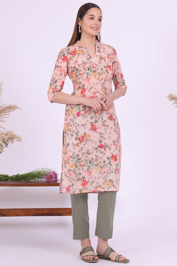 Peach Floral Printed Straight Kurta