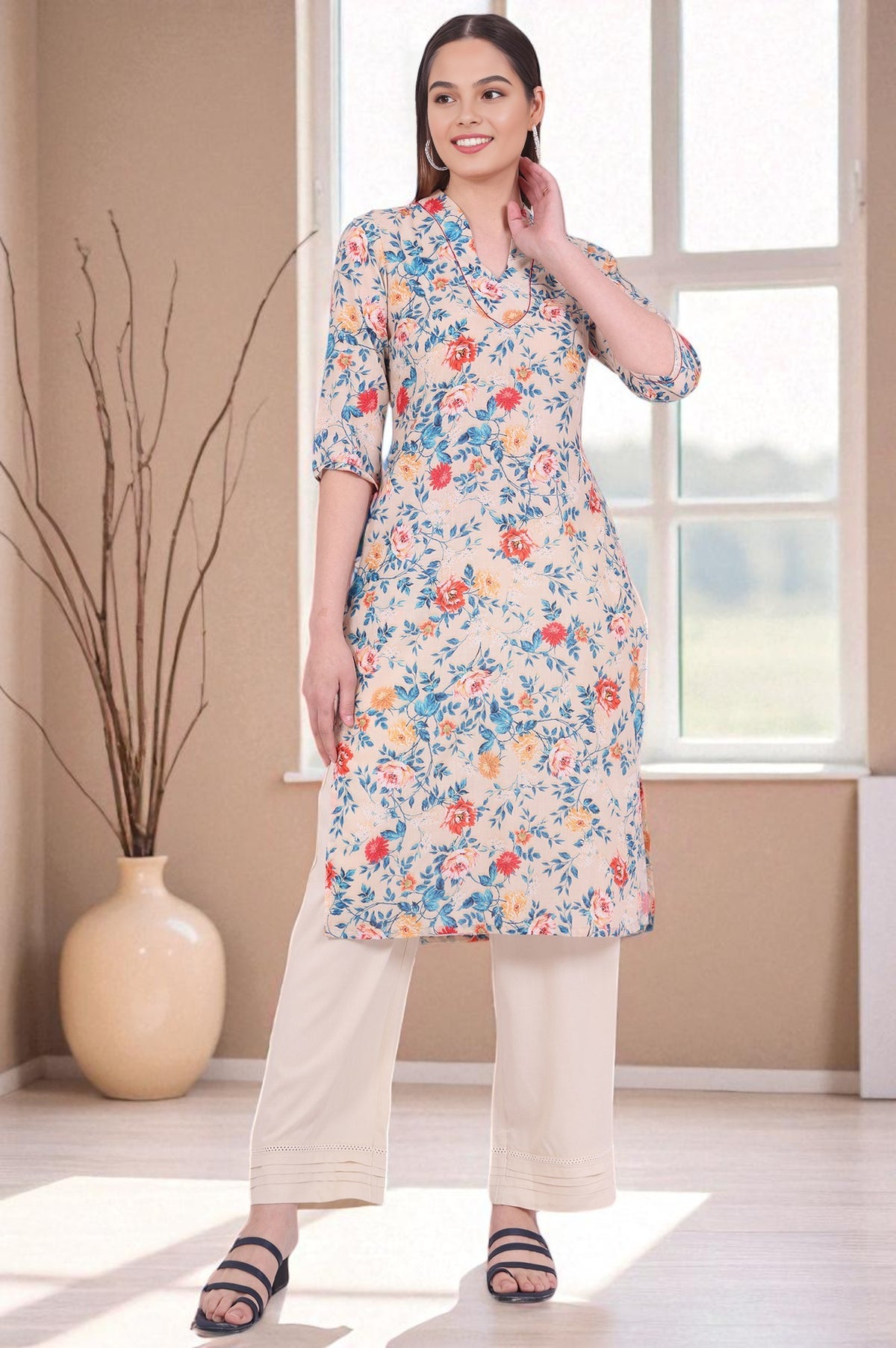 Beige Floral Printed Straight Kurta - S