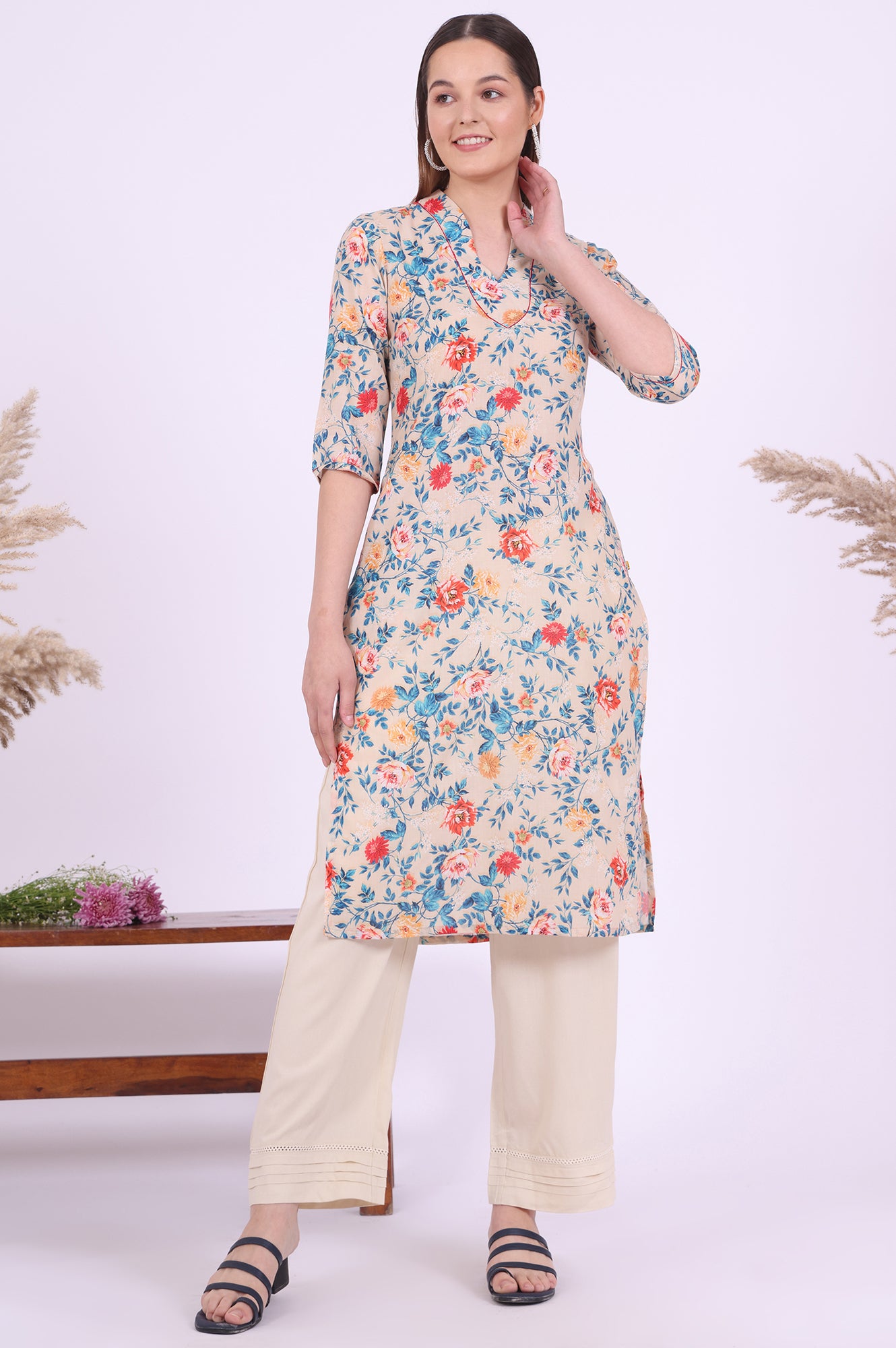 Light Beige Printed Straight Kurta