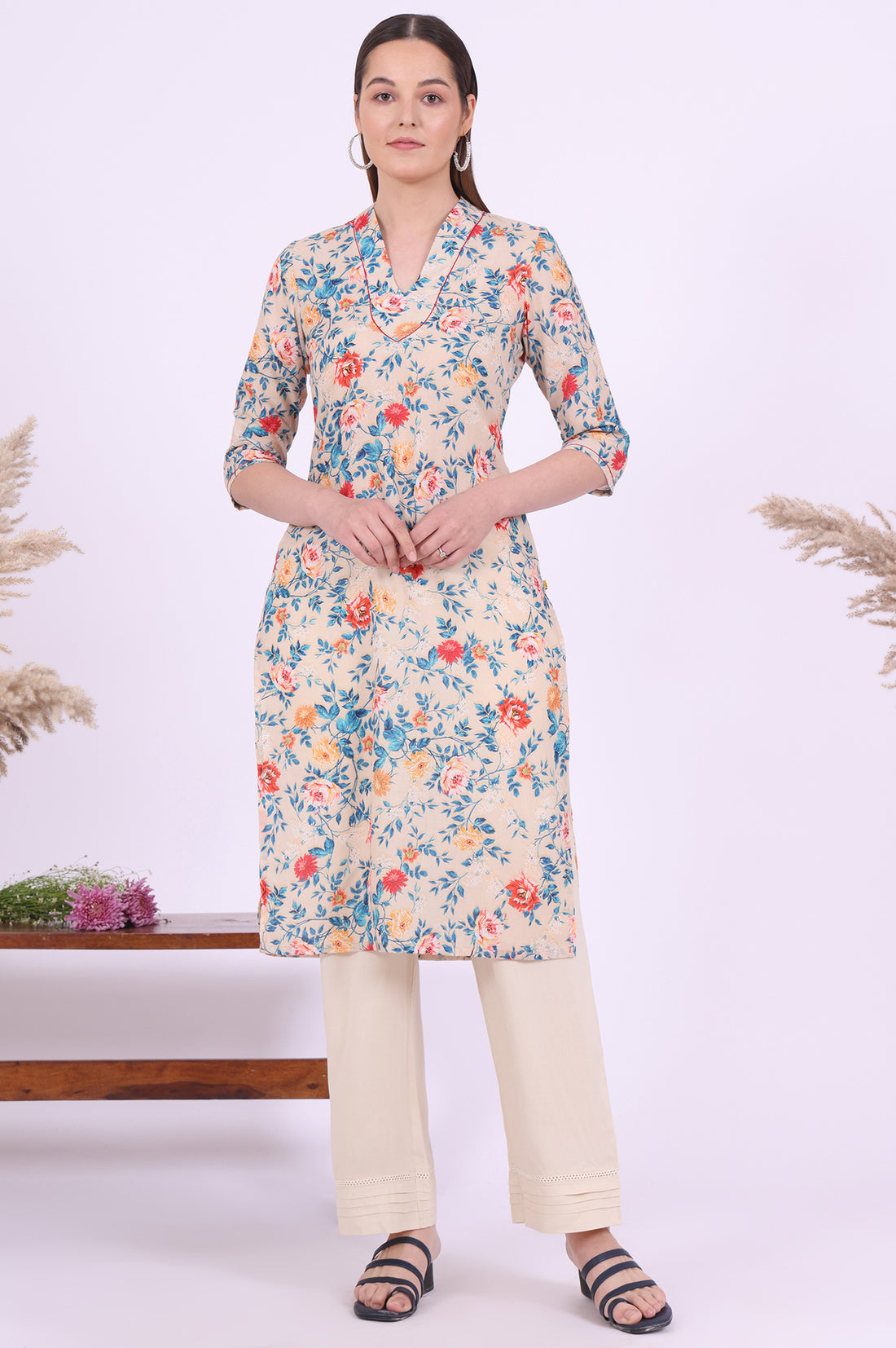 Beige Floral Printed Straight Kurta