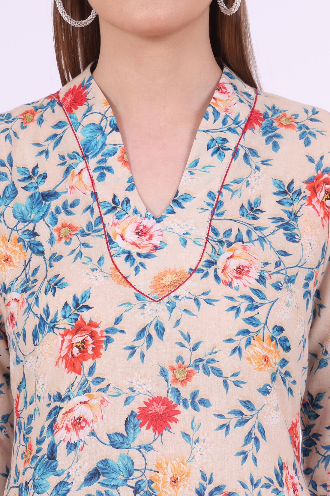 Beige Floral Printed Straight Kurta