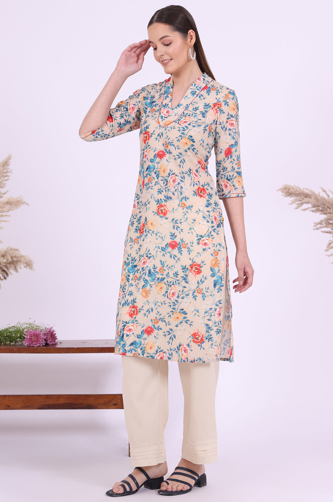 Beige Floral Printed Straight Kurta