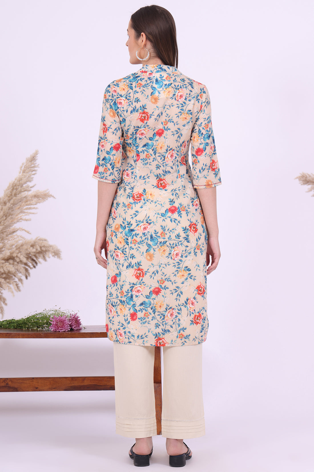 Beige Floral Printed Straight Kurta