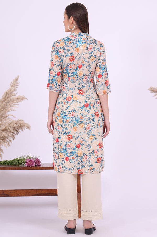 Beige Floral Printed Straight Kurta