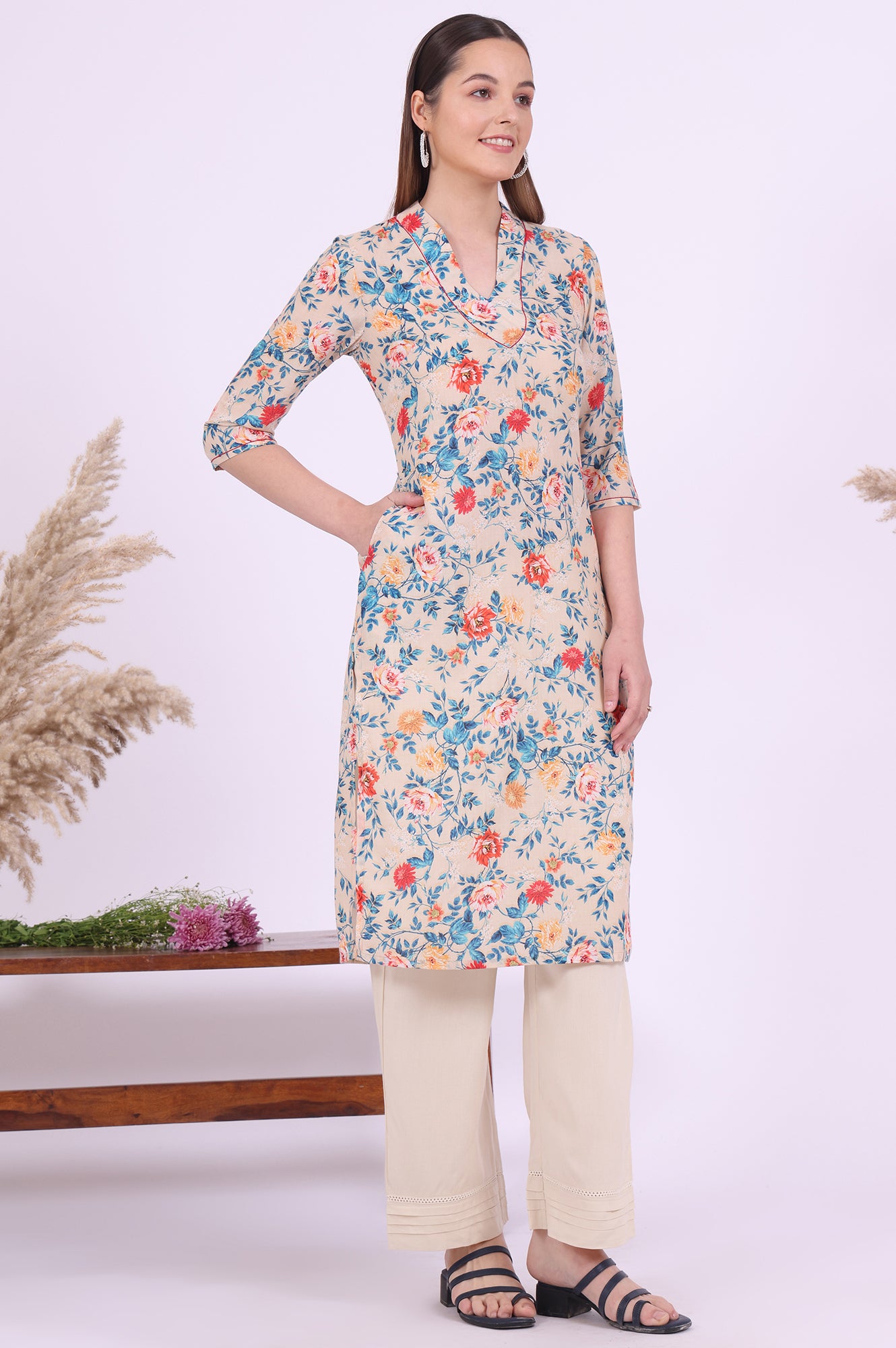 Light Beige Printed Straight Kurta