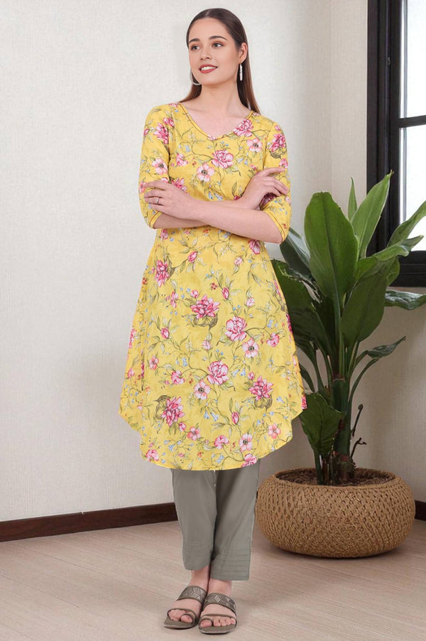 Yellow Floral Printed Pure Cotton Straight Kurta