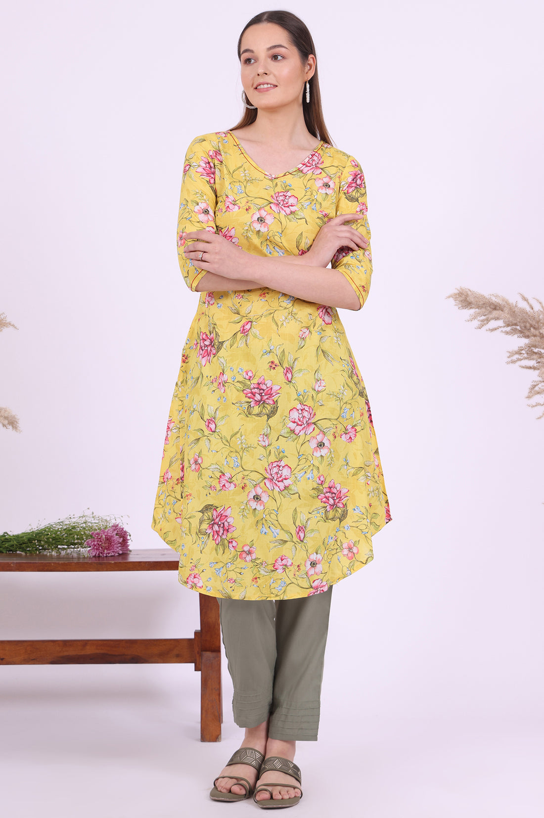 Yellow Floral Printed Pure Cotton Straight Kurta