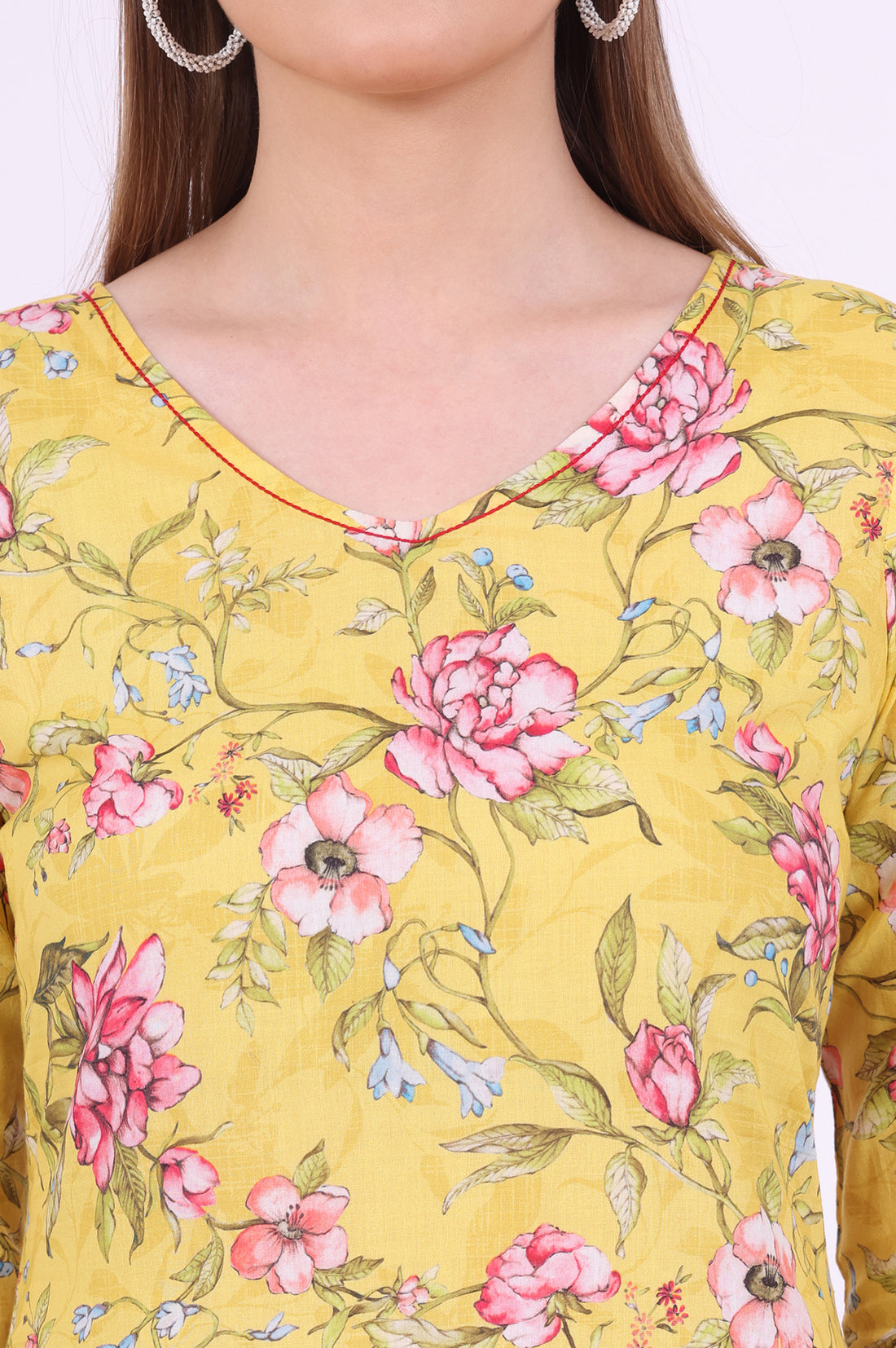 Yellow Floral Printed Pure Cotton Straight Kurta