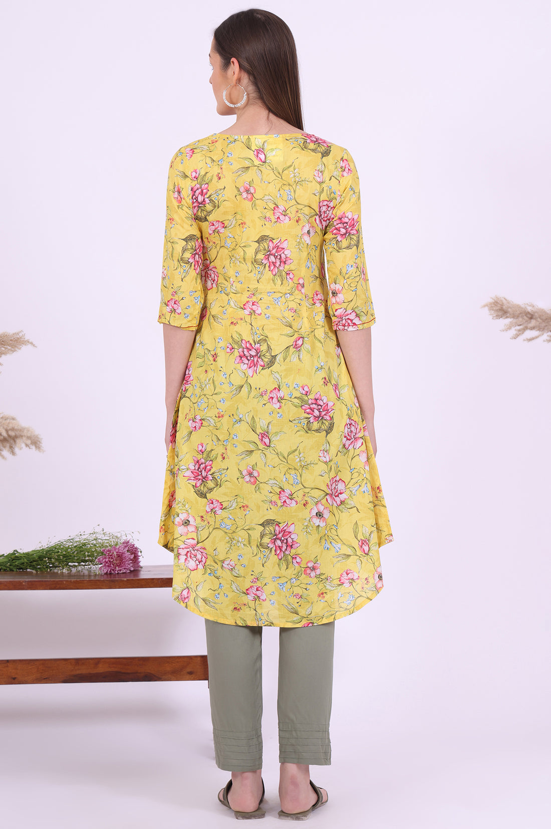 Yellow Floral Printed Pure Cotton Straight Kurta