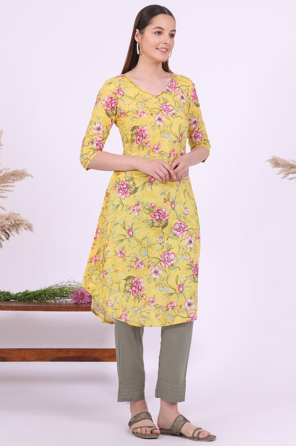 Yellow Floral Printed Pure Cotton Straight Kurta
