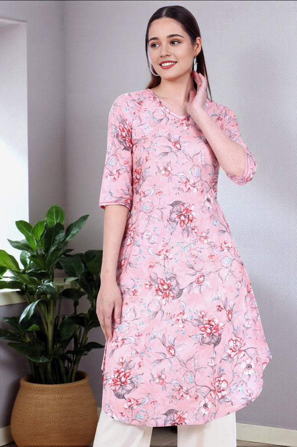 Pink Floral Printed Pure Cotton Straight Kurta