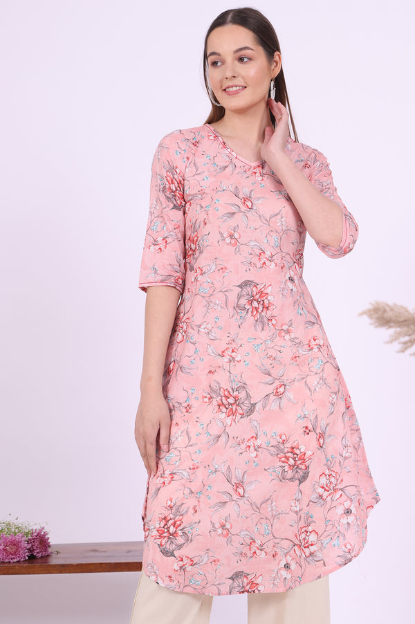 Pink Floral Printed Pure Cotton Straight Kurta