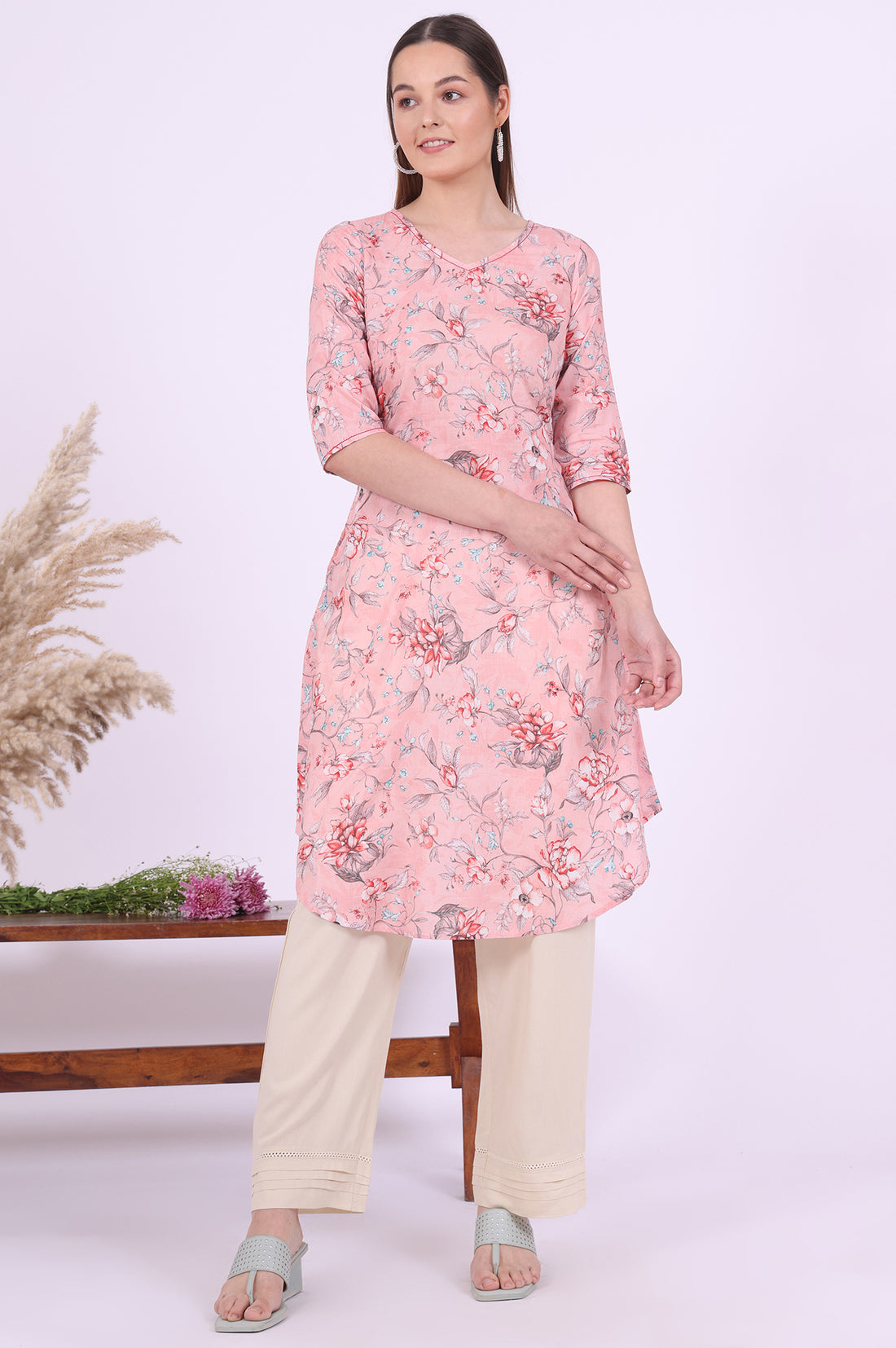 Pink Floral Printed Pure Cotton Straight Kurta