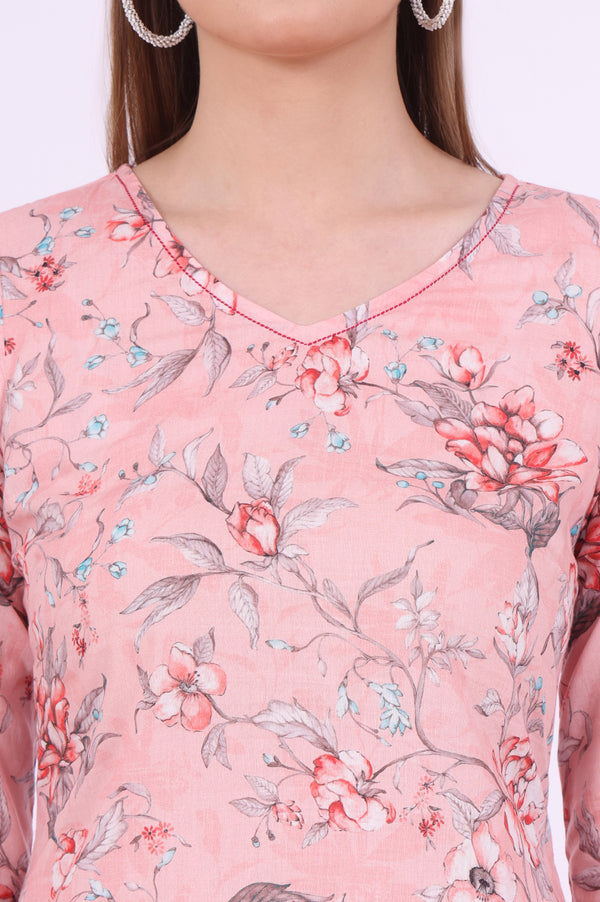 Pink Floral Printed Pure Cotton Straight Kurta