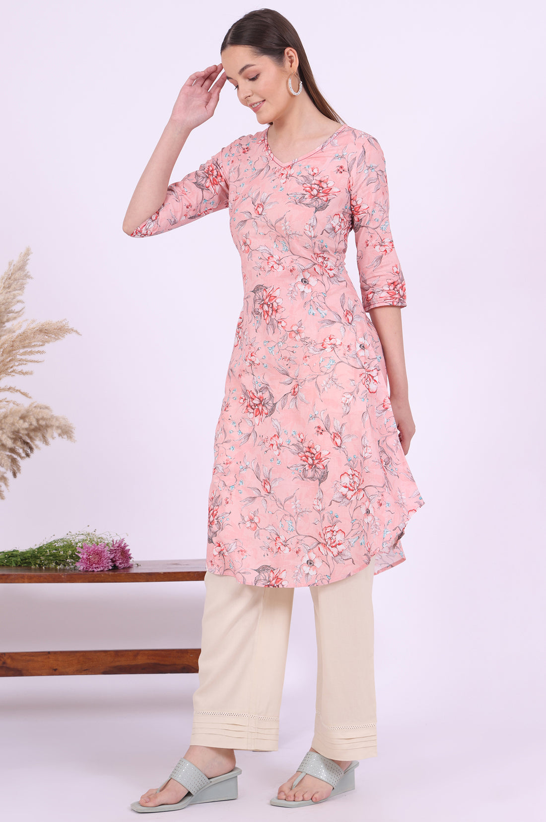 Pink Floral Printed Pure Cotton Straight Kurta