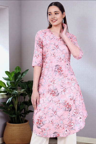 Pink Floral Printed Pure Cotton Straight Kurta