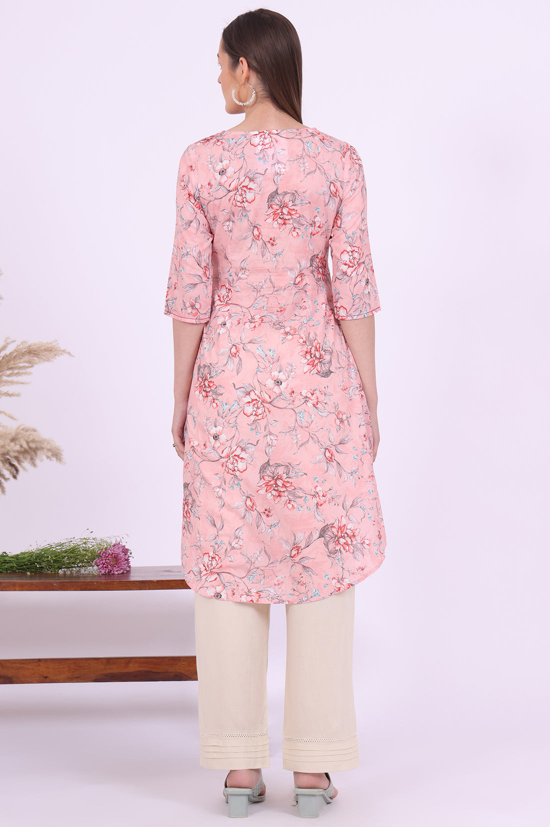 Pink Floral Printed Pure Cotton Straight Kurta