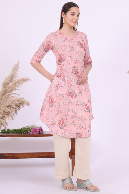 Pink Printed Straight Pure Cotton Kurta