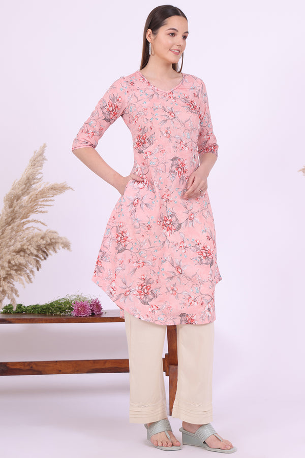 Pink Floral Printed Pure Cotton Straight Kurta