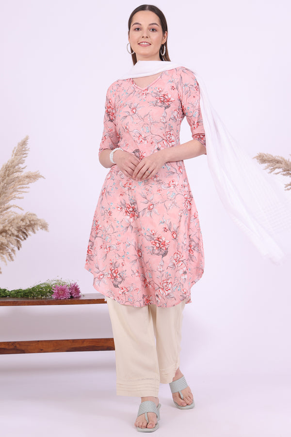 Pink Floral Printed Pure Cotton Straight Kurta
