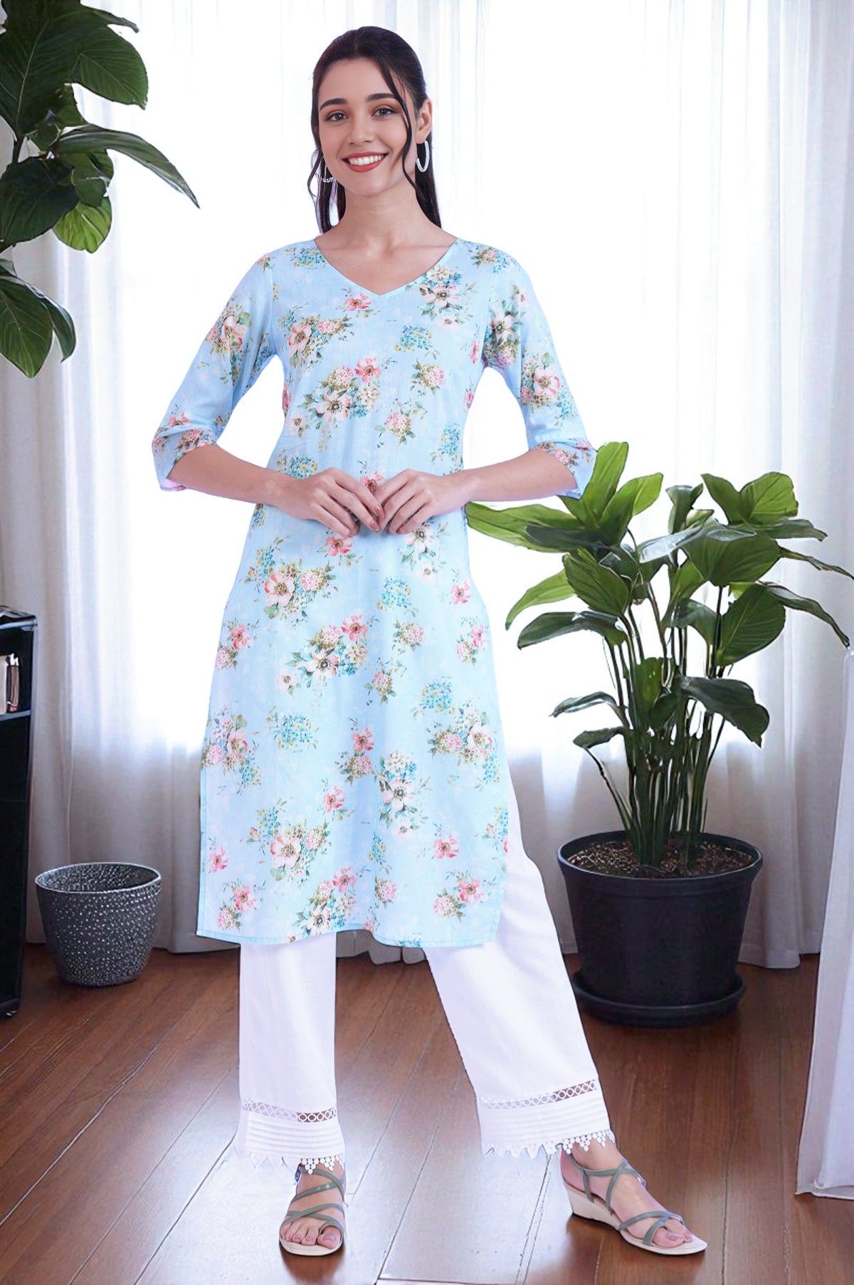 Sky Blue Floral Printed Pure Cotton Straight Kurta - S