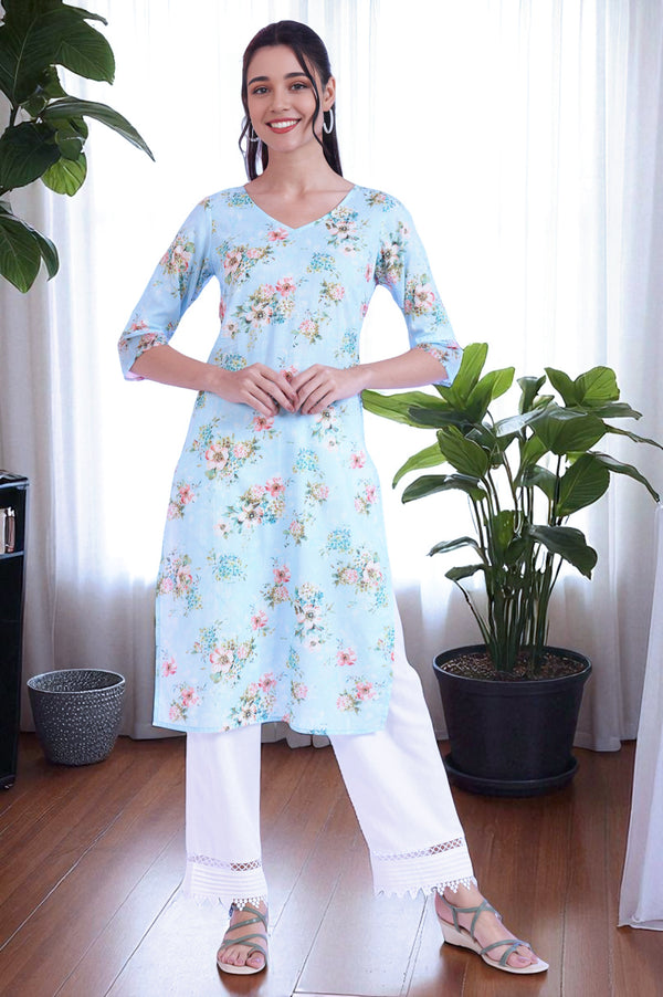 Sky Blue Floral Printed Pure Cotton Straight Kurta