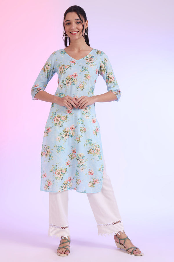 Sky Blue Floral Printed Pure Cotton Straight Kurta