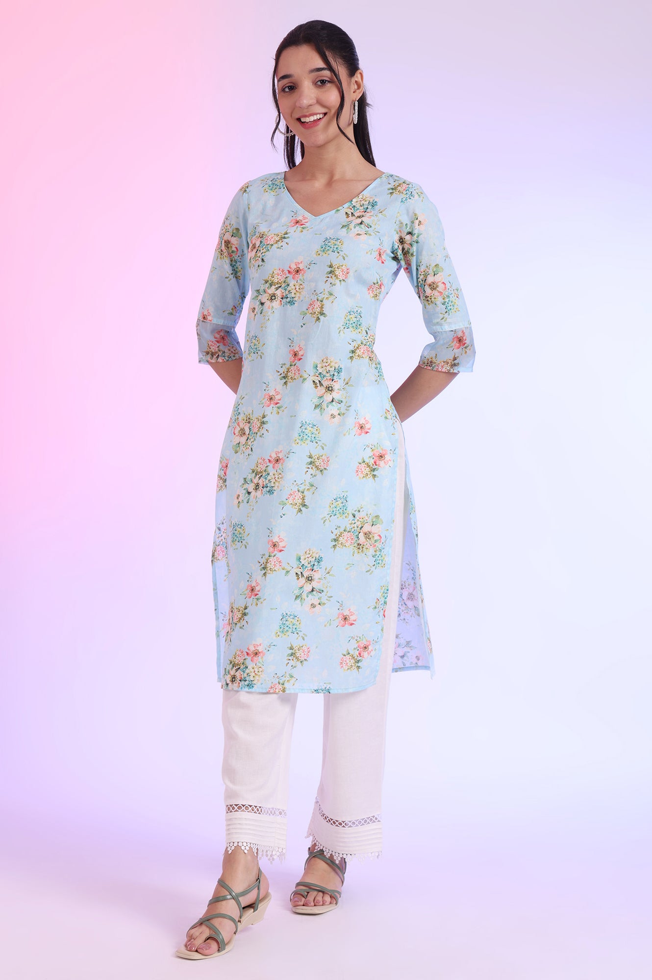 Pink Printed Straight Pure Cotton Kurta