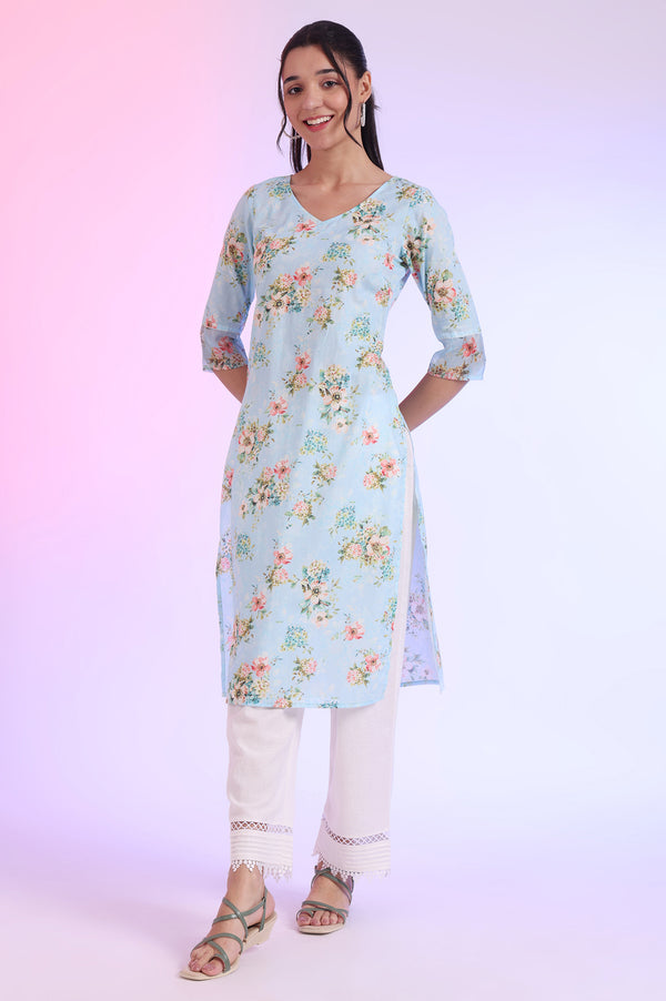 Sky Blue Floral Printed Pure Cotton Straight Kurta