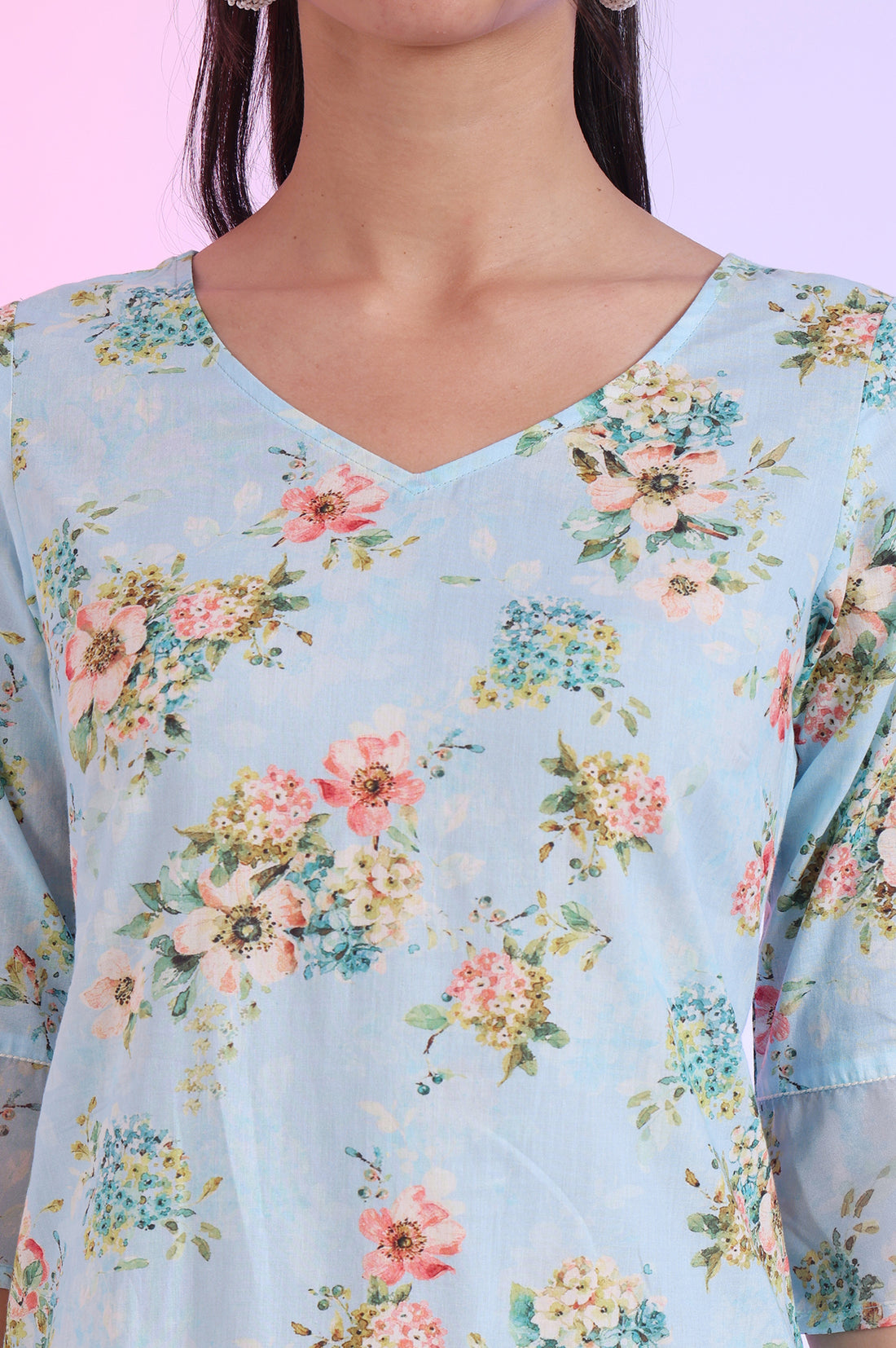 Sky Blue Floral Printed Pure Cotton Straight Kurta