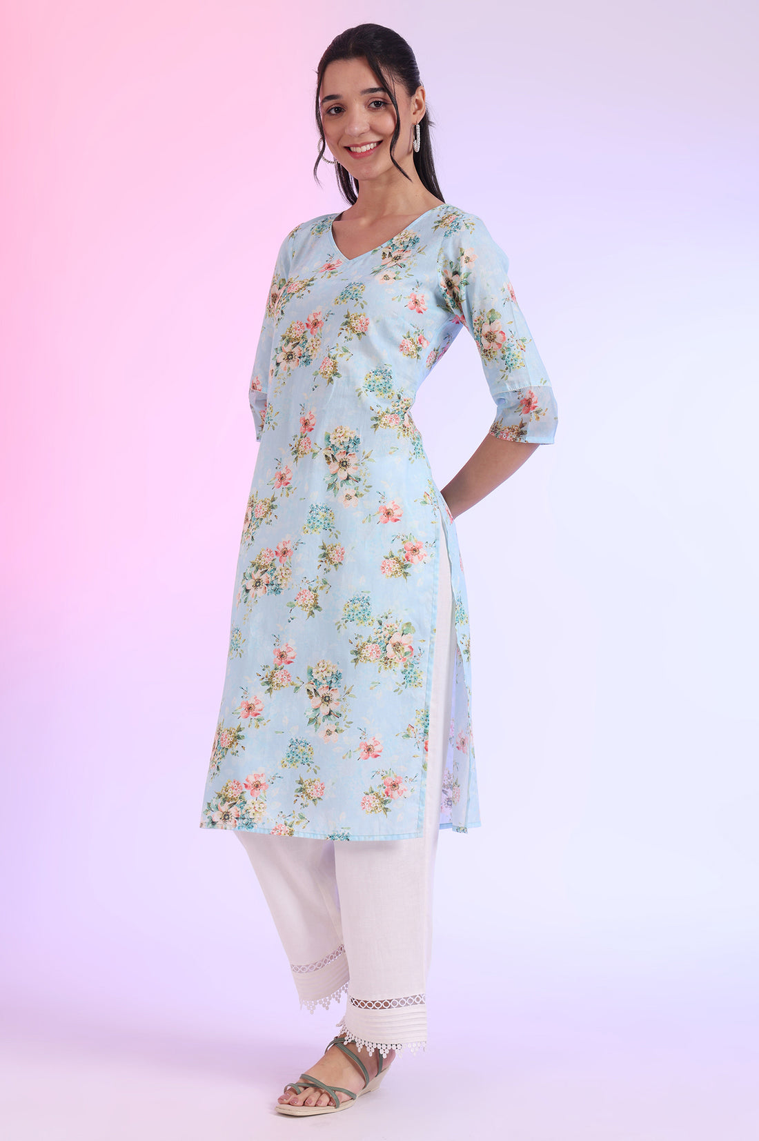 Sky Blue Floral Printed Pure Cotton Straight Kurta