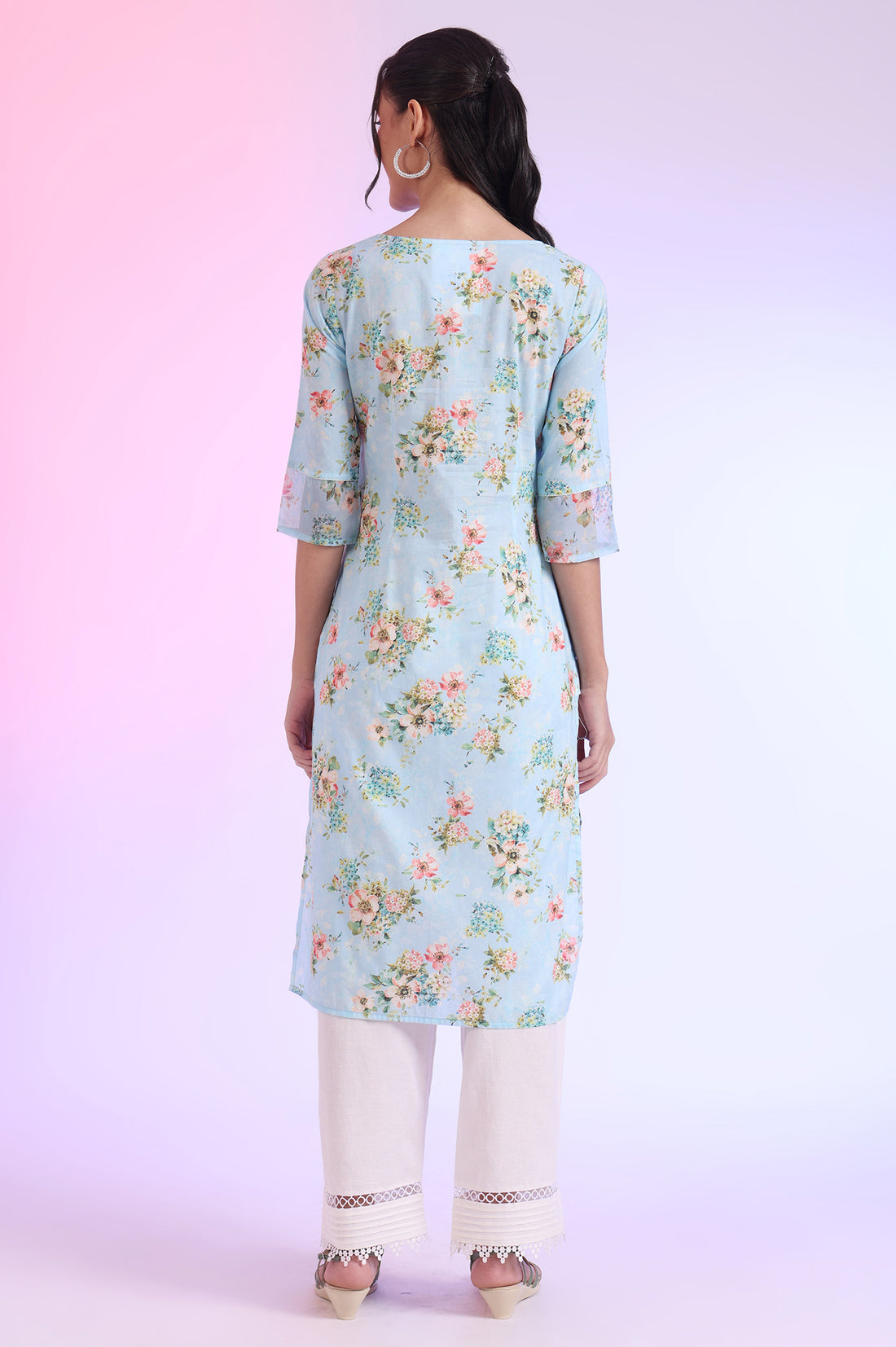 Sky Blue Floral Printed Pure Cotton Straight Kurta