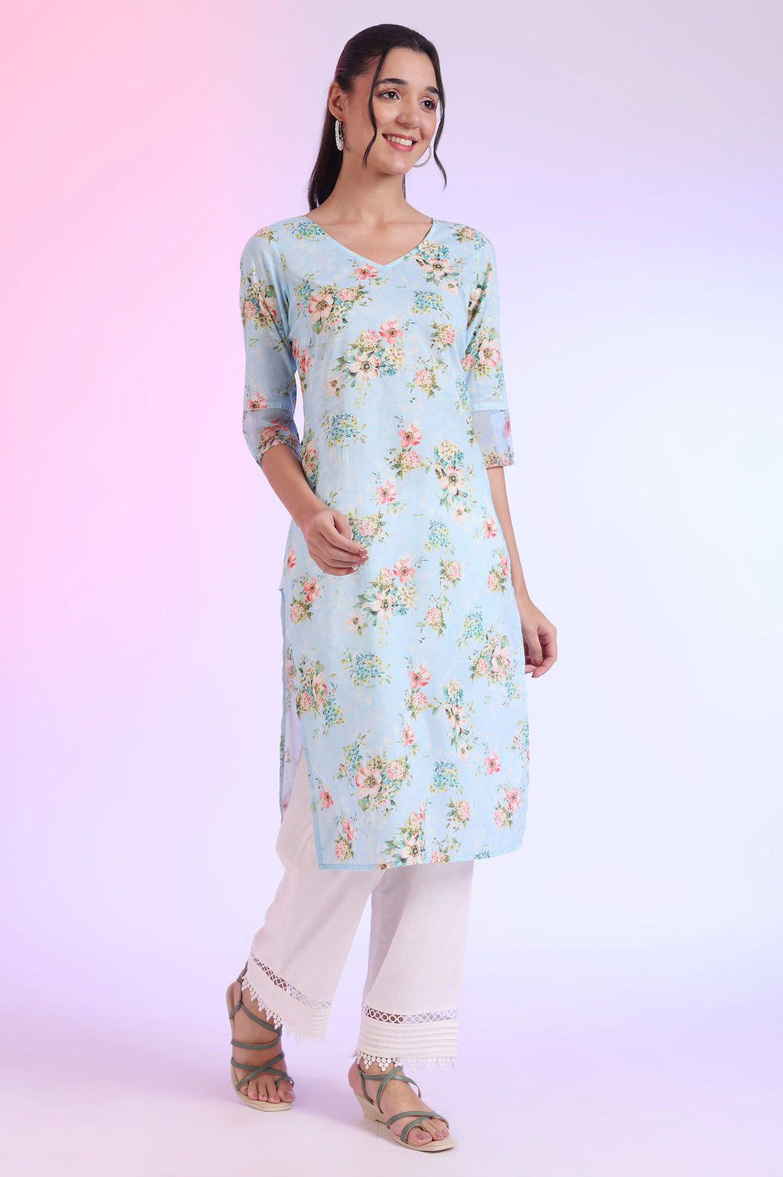 Sky Blue Floral Printed Pure Cotton Straight Kurta