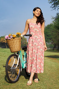 Salmon Pink Floral Printed A-line Modal Spaghetti Dress