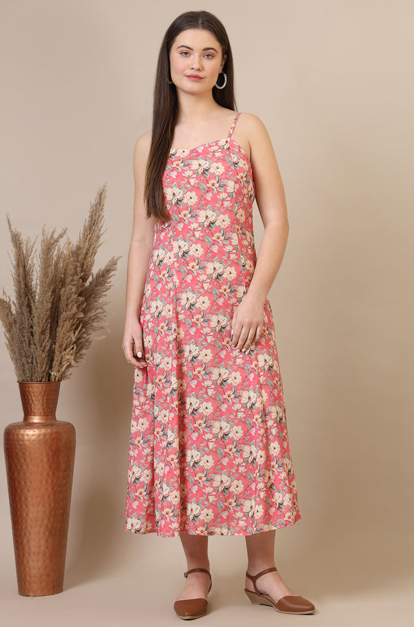 Salmon Pink Floral Printed A-line Modal Spaghetti Dress
