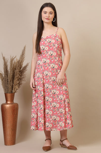 Salmon Pink Floral Printed A-line Modal Spaghetti Dress