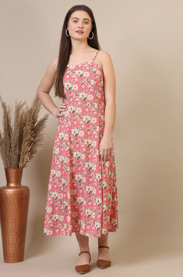 Salmon Pink Floral Printed A-line Modal Spaghetti Dress
