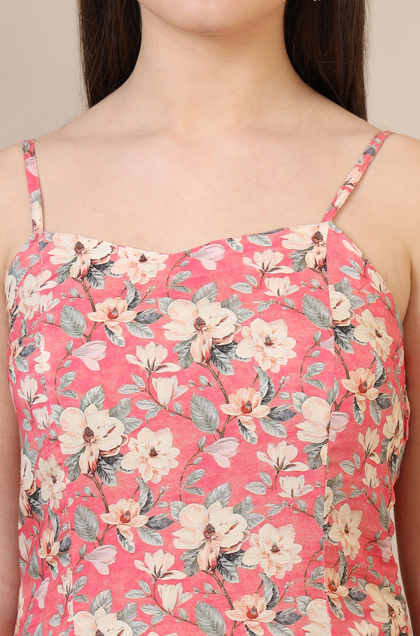 Salmon Pink Floral Printed A-line Modal Spaghetti Dress