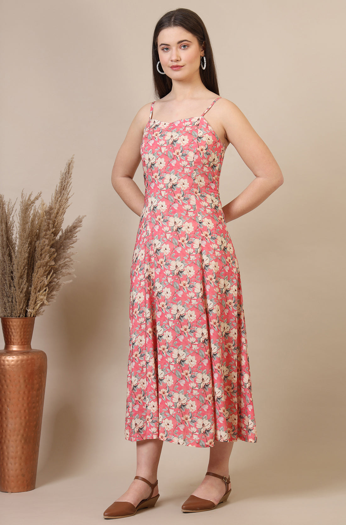 Salmon Pink Floral Printed A-line Modal Spaghetti Dress