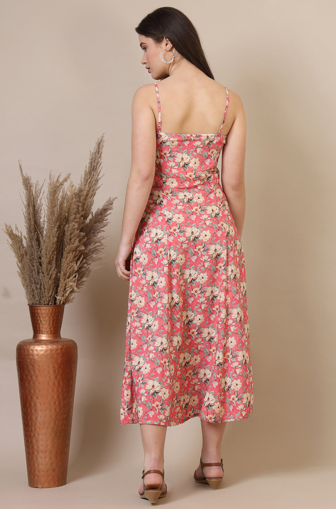Salmon Pink Floral Printed A-line Modal Spaghetti Dress