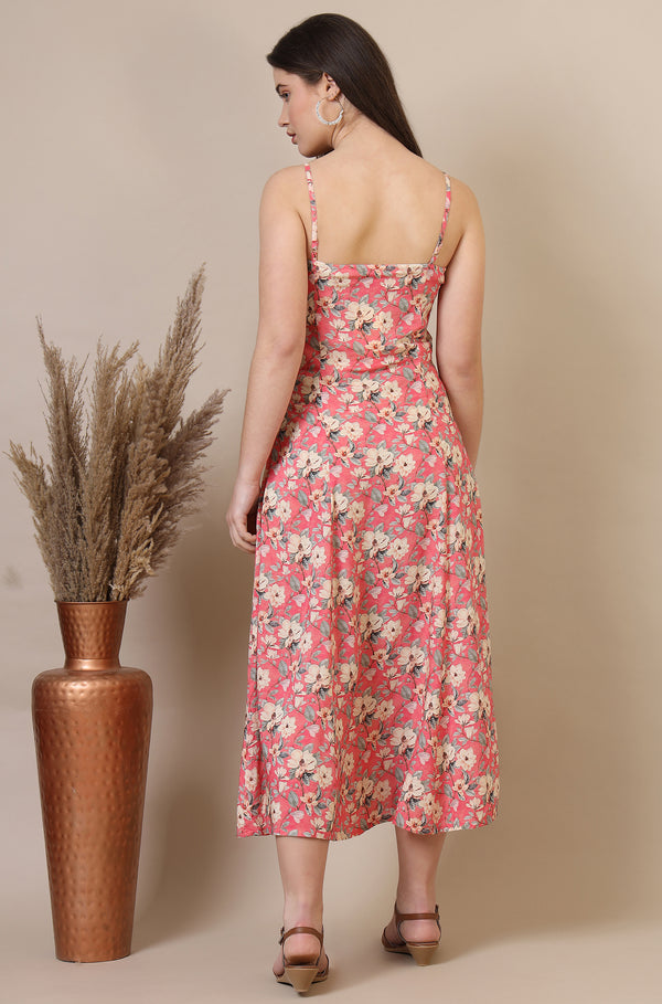 Salmon Pink Floral Printed A-line Modal Spaghetti Dress