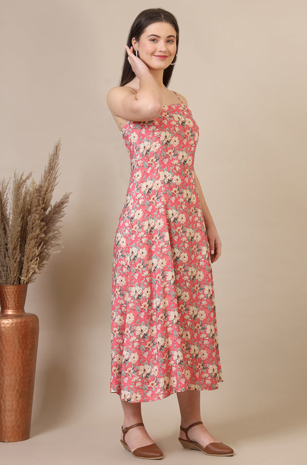 Salmon Pink Floral Printed A-line Modal Spaghetti Dress