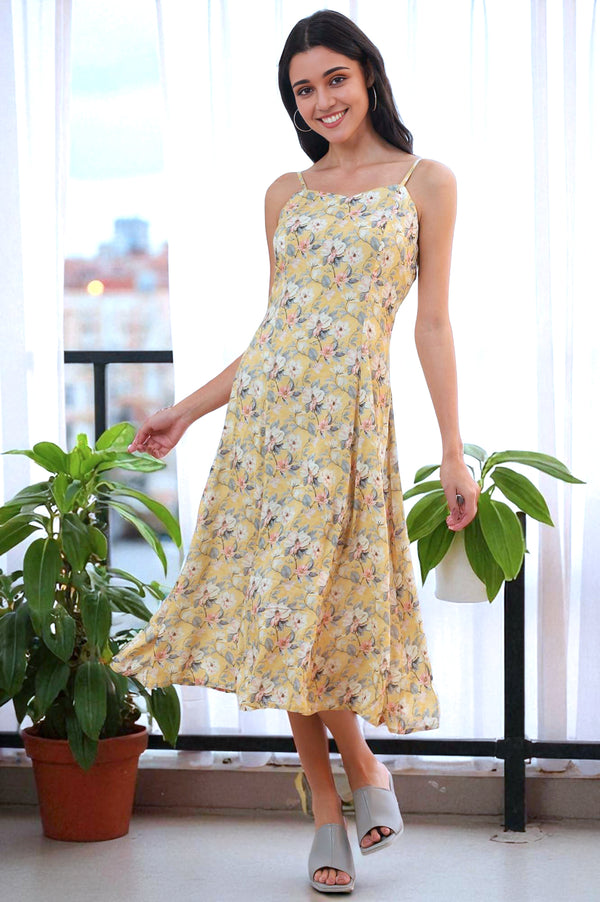 Yellow Floral Printed Modal A-Line Dress