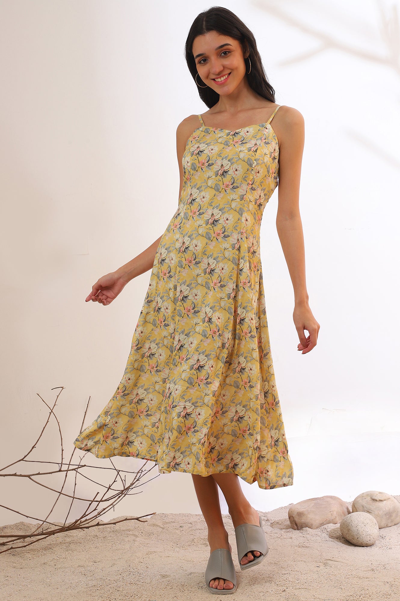 Yellow Floral Printed Modal A-Line Dress