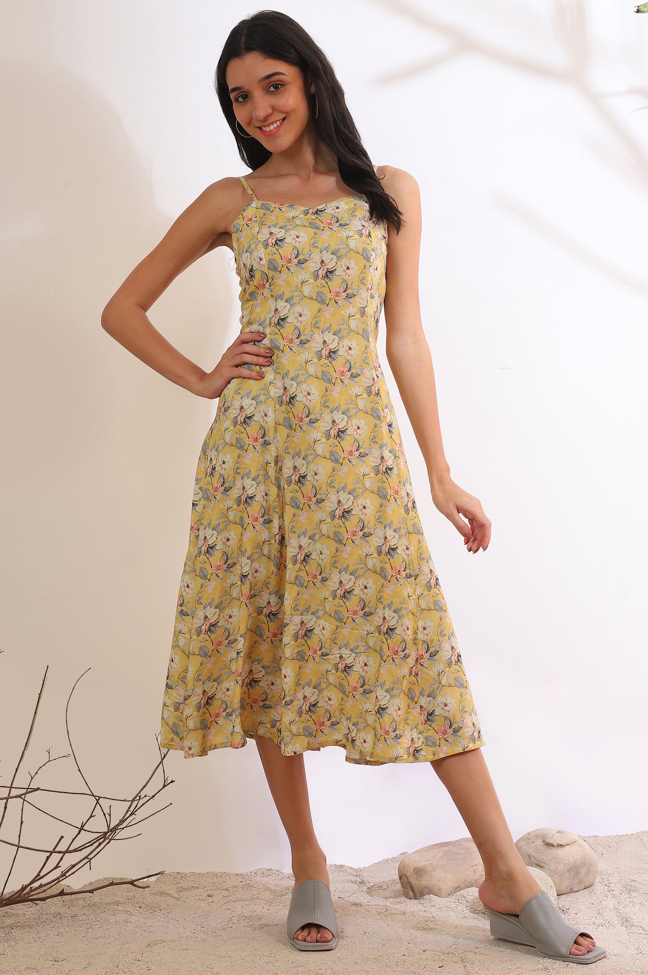 Yellow Floral Printed Modal A-Line Dress