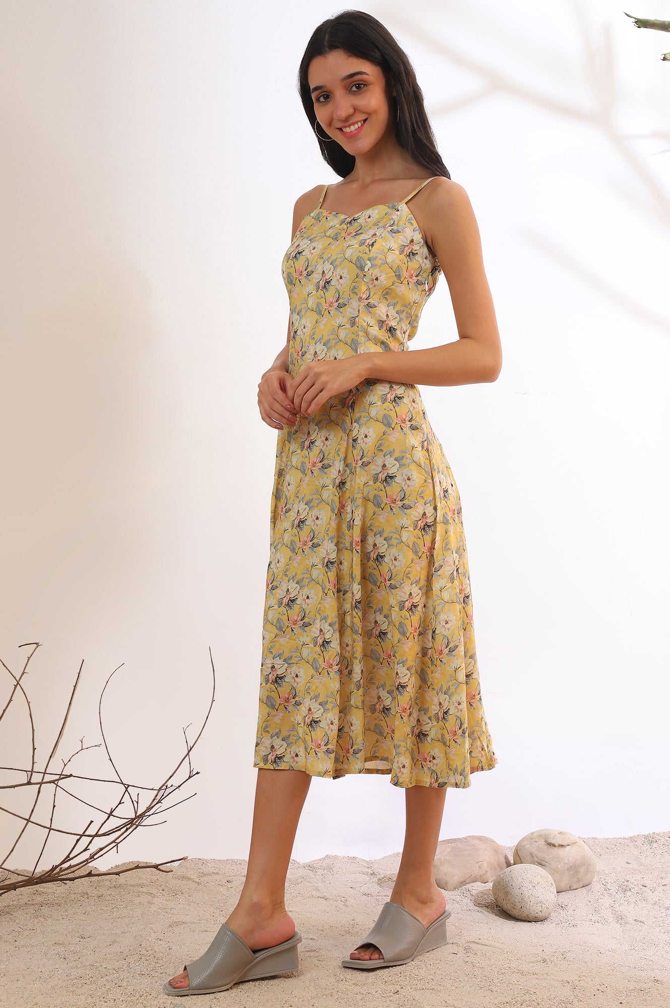 Yellow Floral Printed Modal A-Line Dress