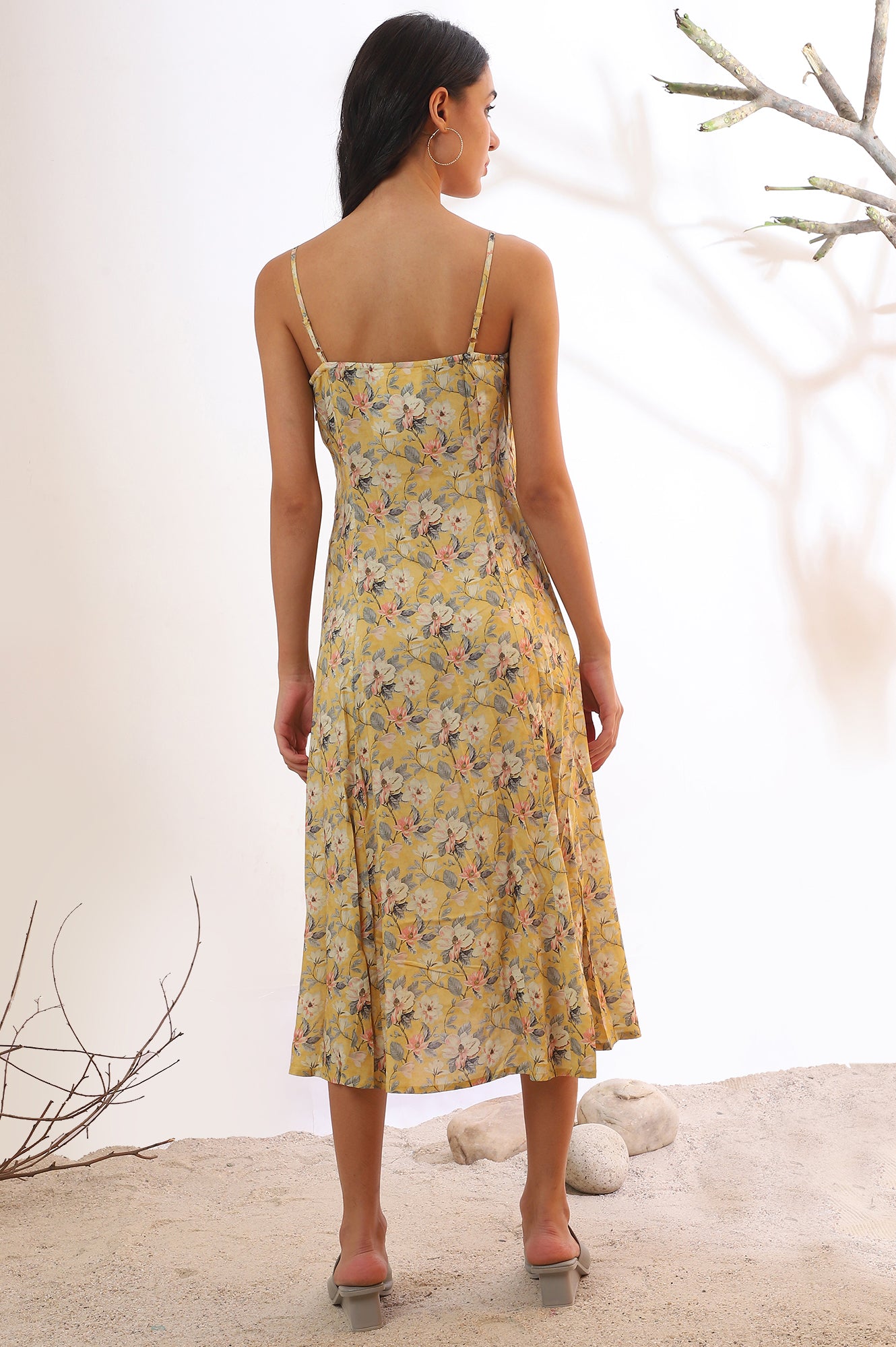 Yellow Floral Printed Modal A-Line Dress