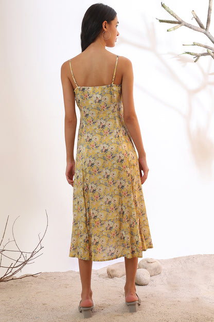 Yellow Floral Printed Modal A-Line Dress