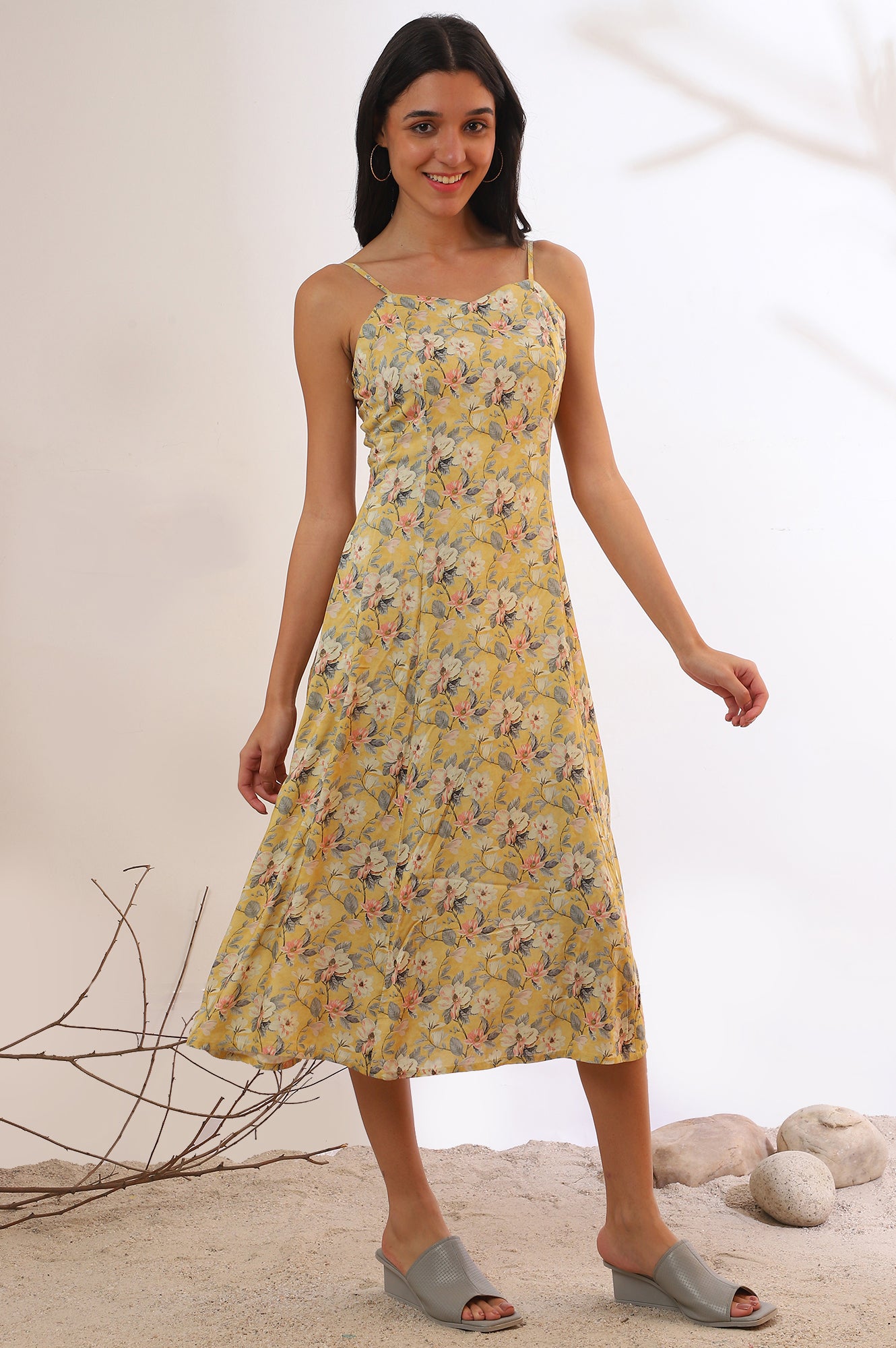 Yellow Floral Printed Modal A-Line Dress