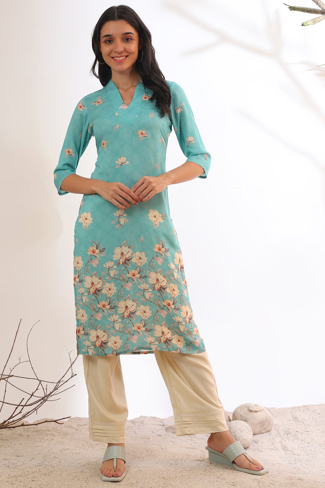 Blue Floral Printed Modal Straight Kurta